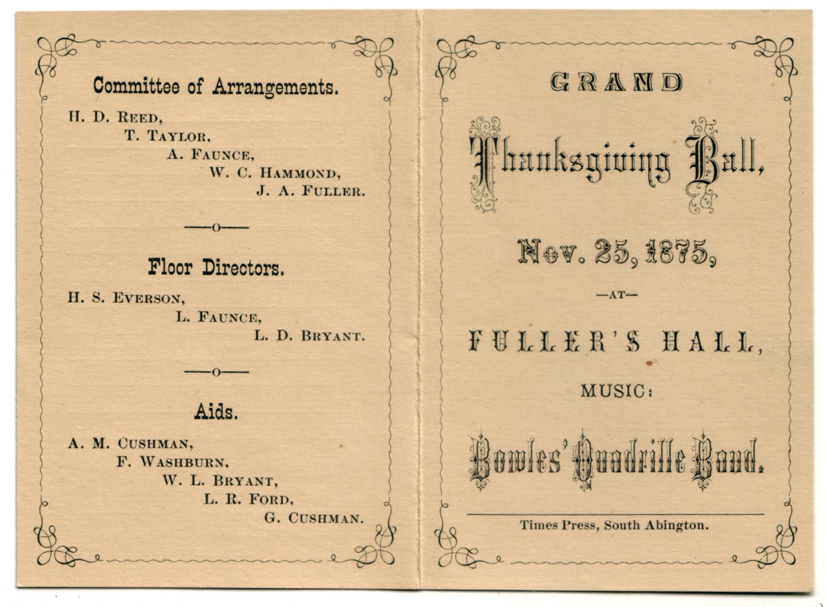 Cover of dance card, Grand Thanksgiving Ball, November 25, 1875