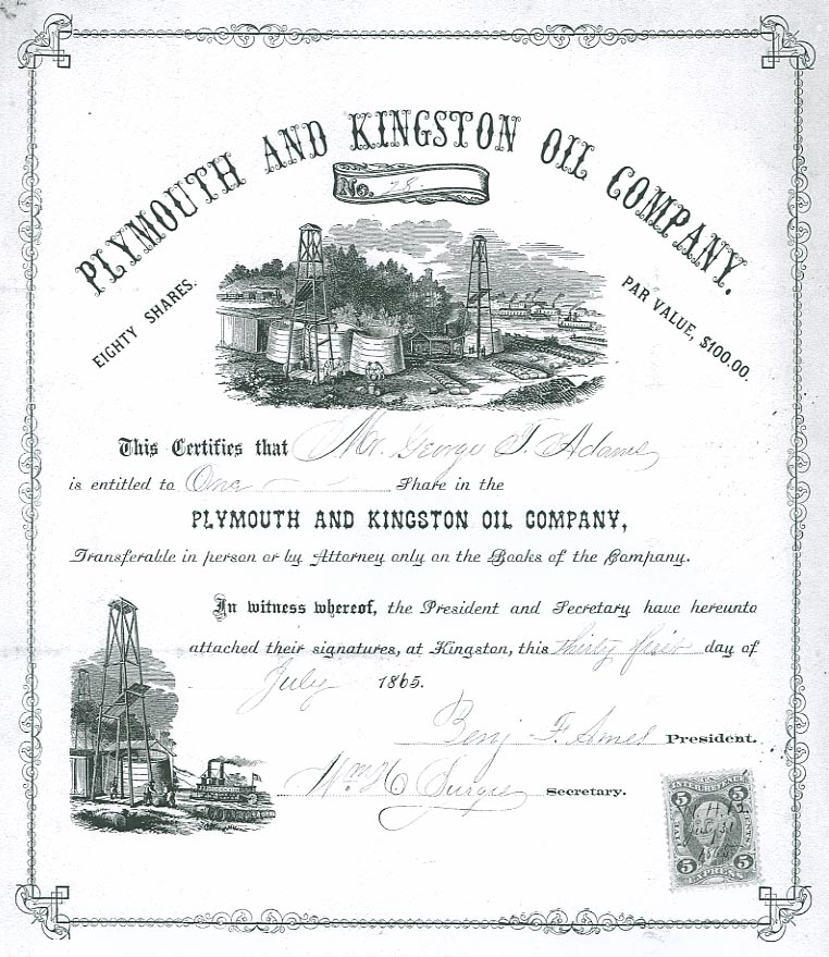 Plymouth and Kingston Oil Company stock certificate, 1865