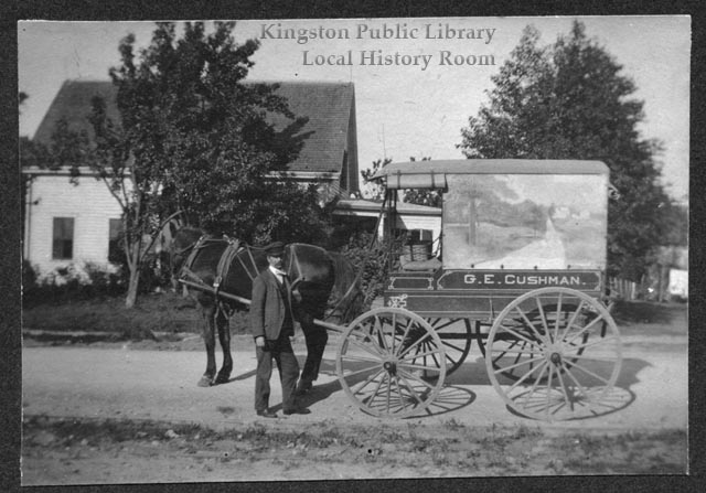 G.E. Cushman's delivery wagon, Old Dan the horse and Ed Sherman, circa 1900