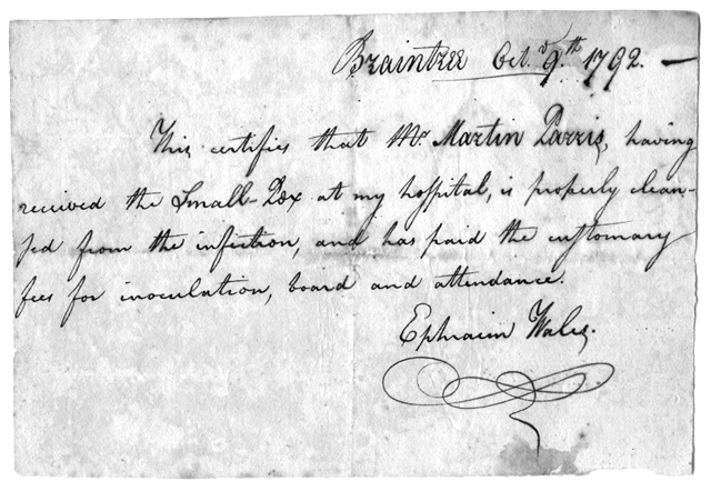 Certificate of 'inoculation' of Martin Parris by Ephraim Wales, 1792
