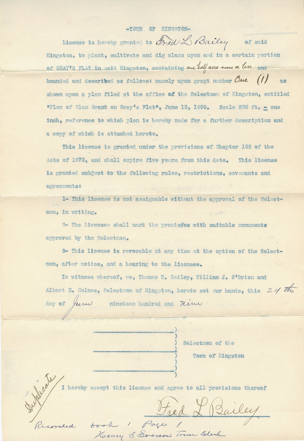 Clam grant to Fred Bailey, 1909 Clam grant to Fred Bailey, 1909