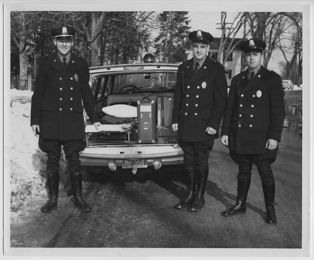 Chief James Goonan, Patrolman Kenneth Cram and Patrolman Donald Elwell, circa 1955. Photo by Loren St. Onge.