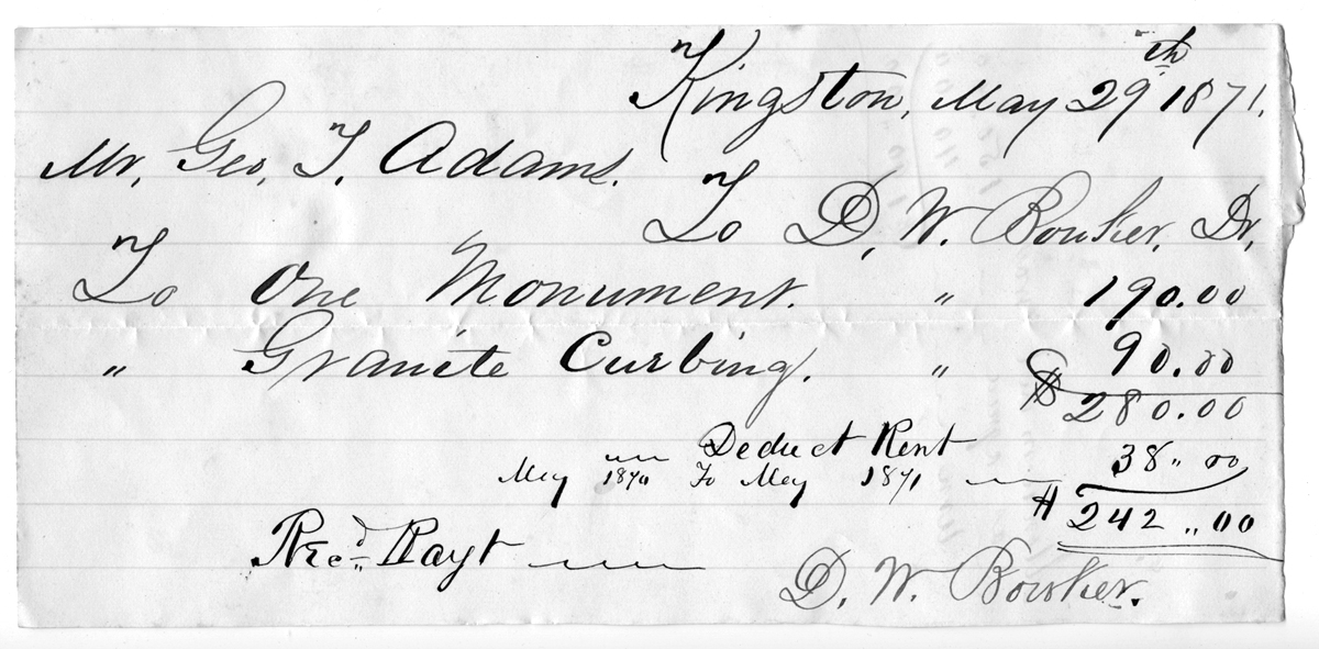 Receipt for monument and curbing, May 29, 1871