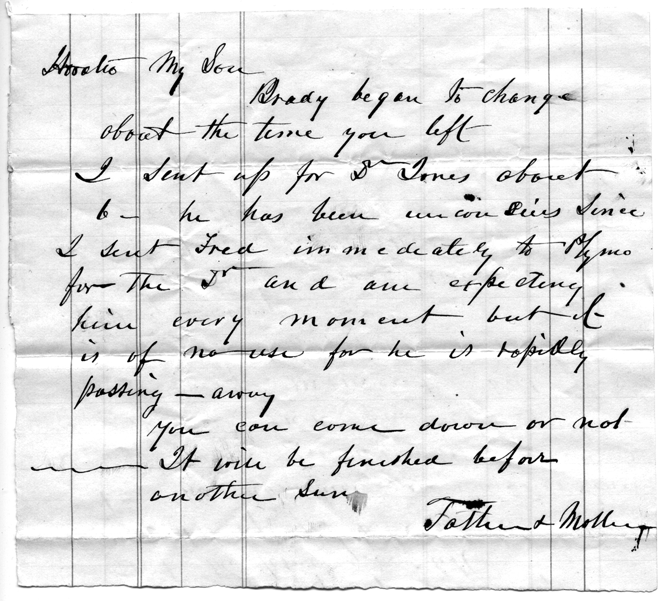 Note to Horatio from Father and Mother, October 1870 (date supplied)