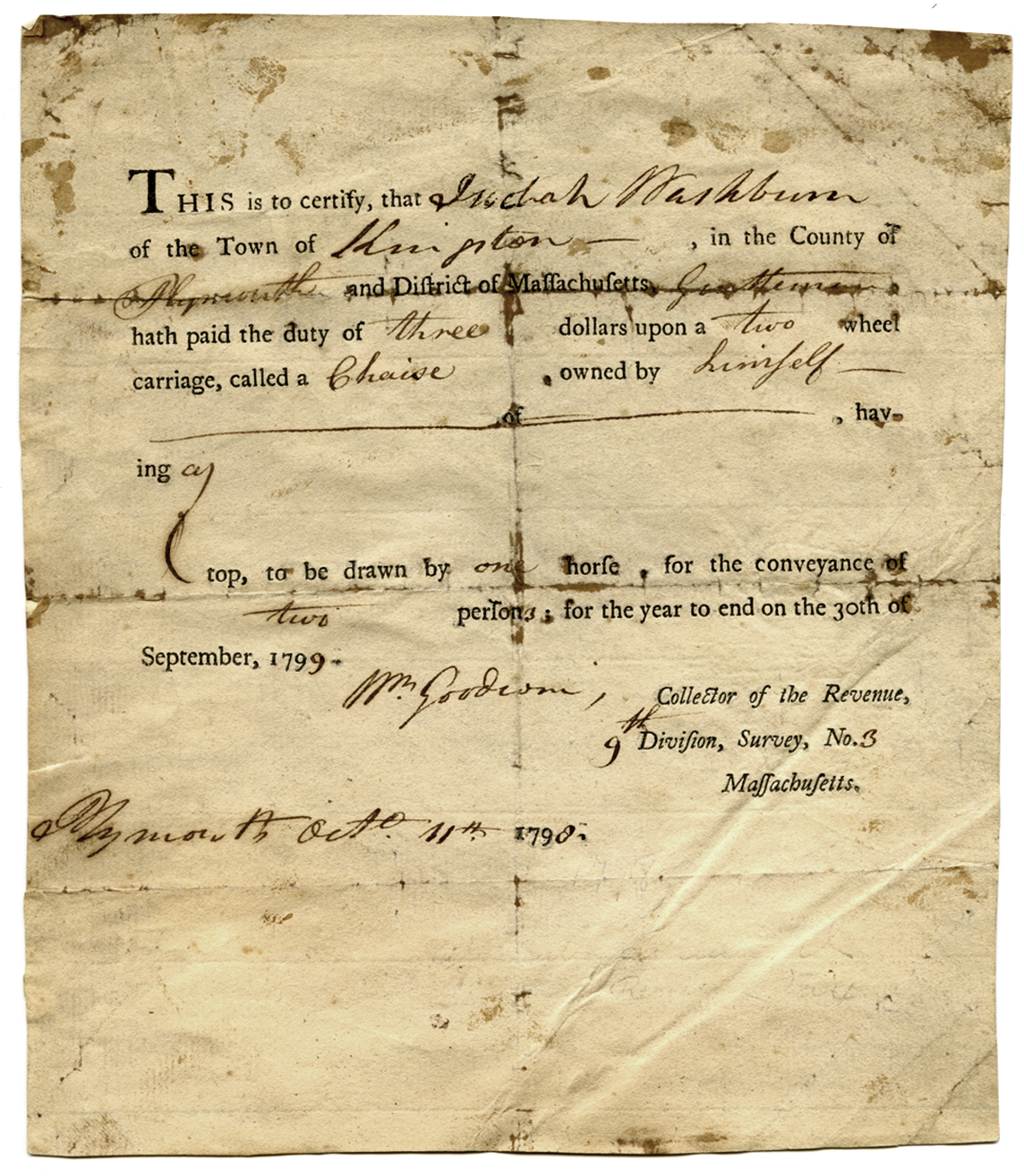 Tax bill for Judah Washburn's two-person, one-horse chaise with a top,  1799