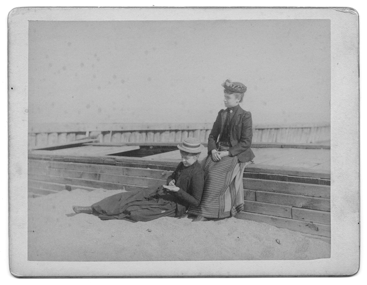 Miss Sevis and Miss Kelly on beach. Racine, June 12, 1890