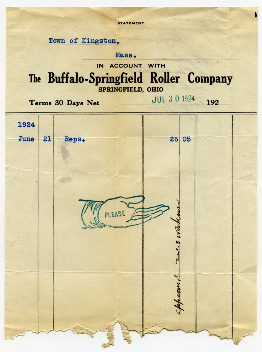 Buffalo-Springfield Company bill to Kingston Highway Department, 1924