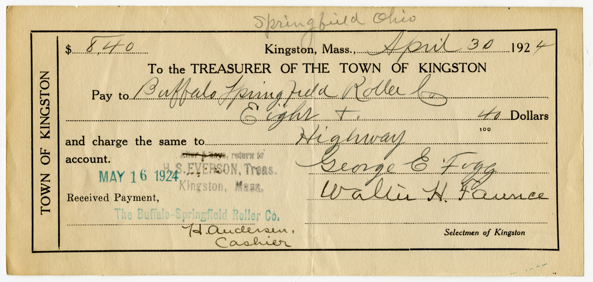 Payment receipt to Buffalo-Springfield Roller Company for Kingston Highway Department, 1924