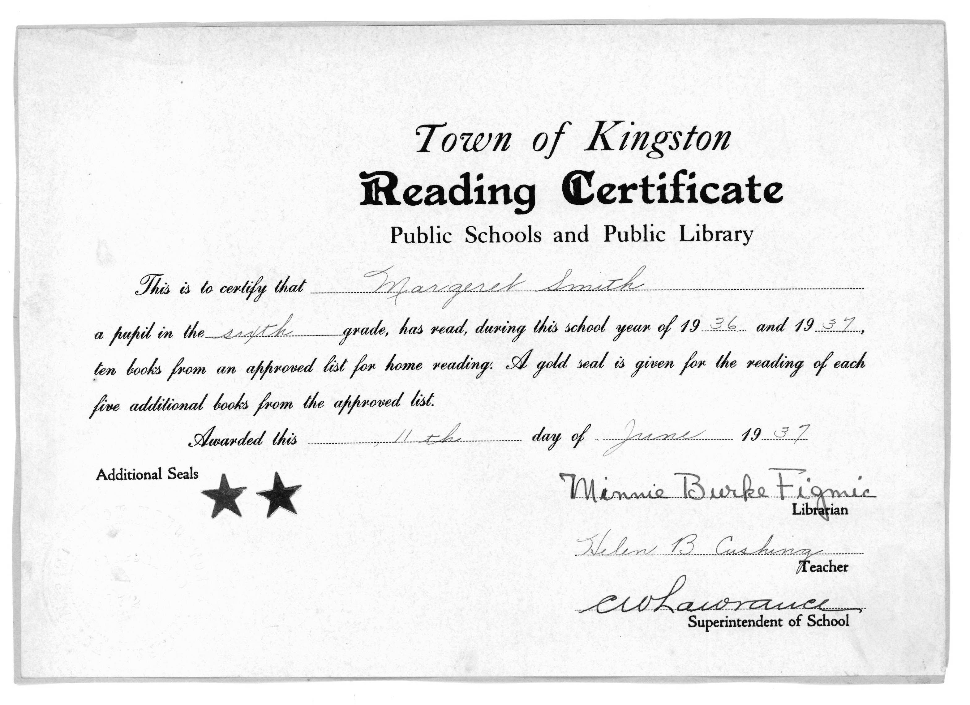Town of Kingston Reading Certificate, 1937