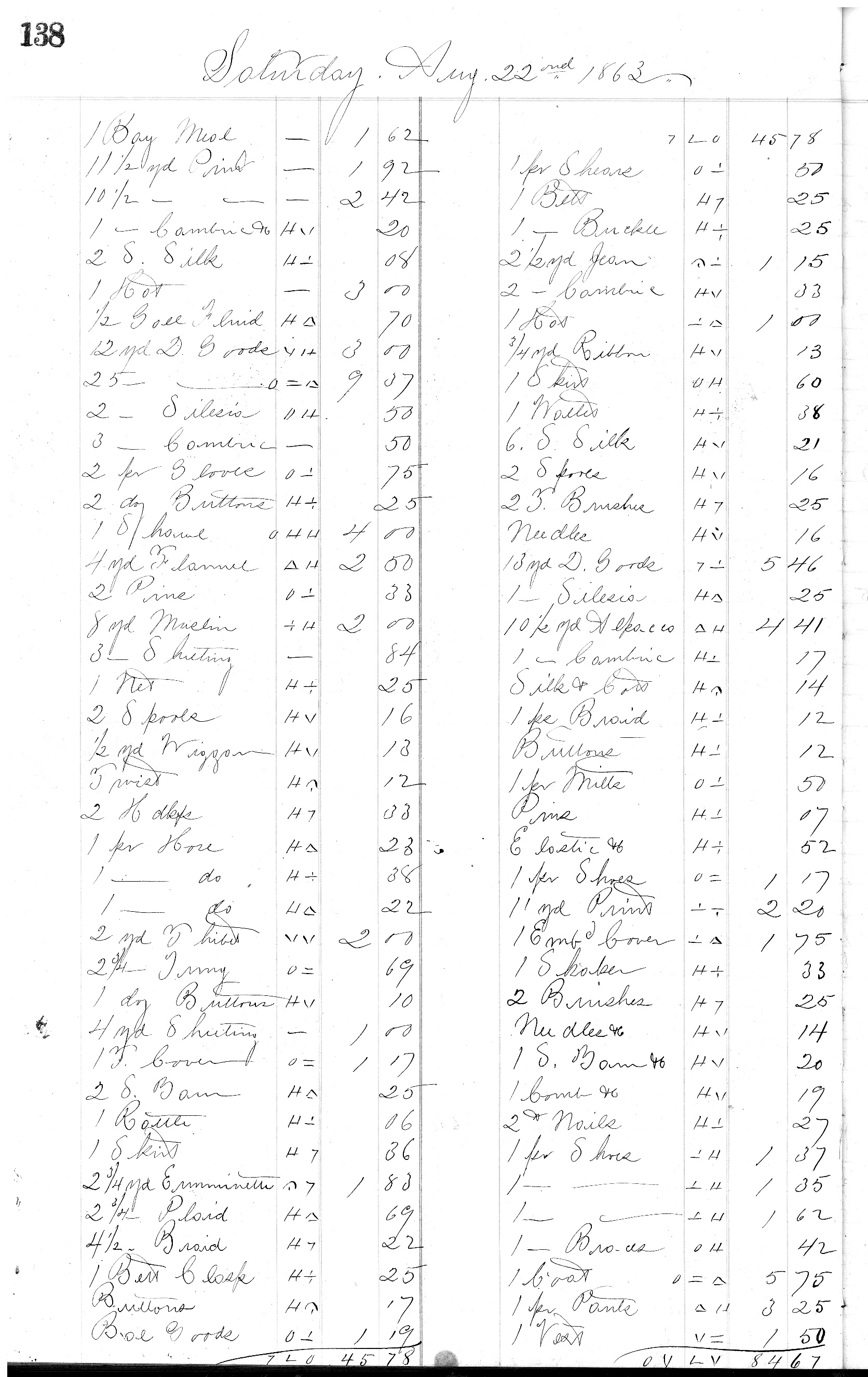 Page 138 from H.K. Keith's 1863 register of daily sales