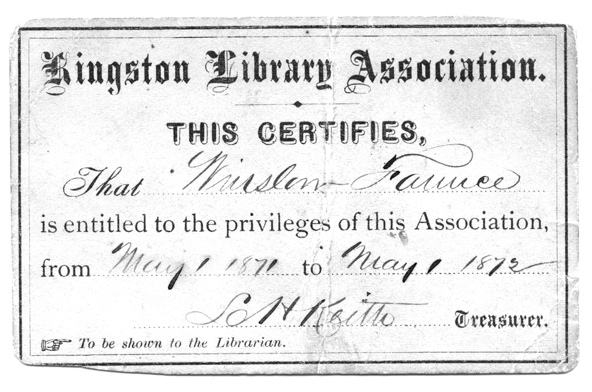 Kingston Library Association card, 1872