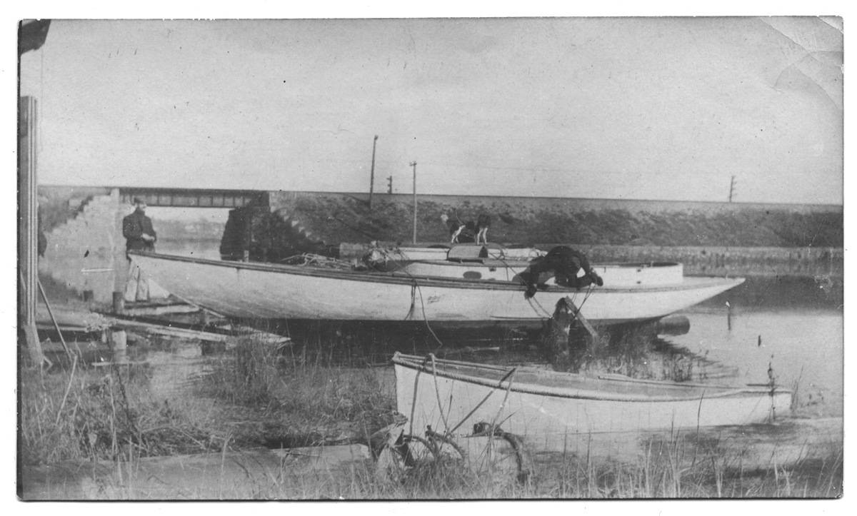 Boat yard near the railroad bridge, circa 1915