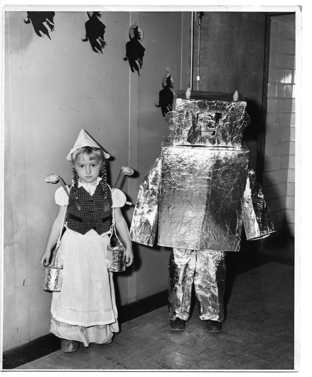 Milkmaid and robot Halloween costumes at Kingston Elementary School, 1952