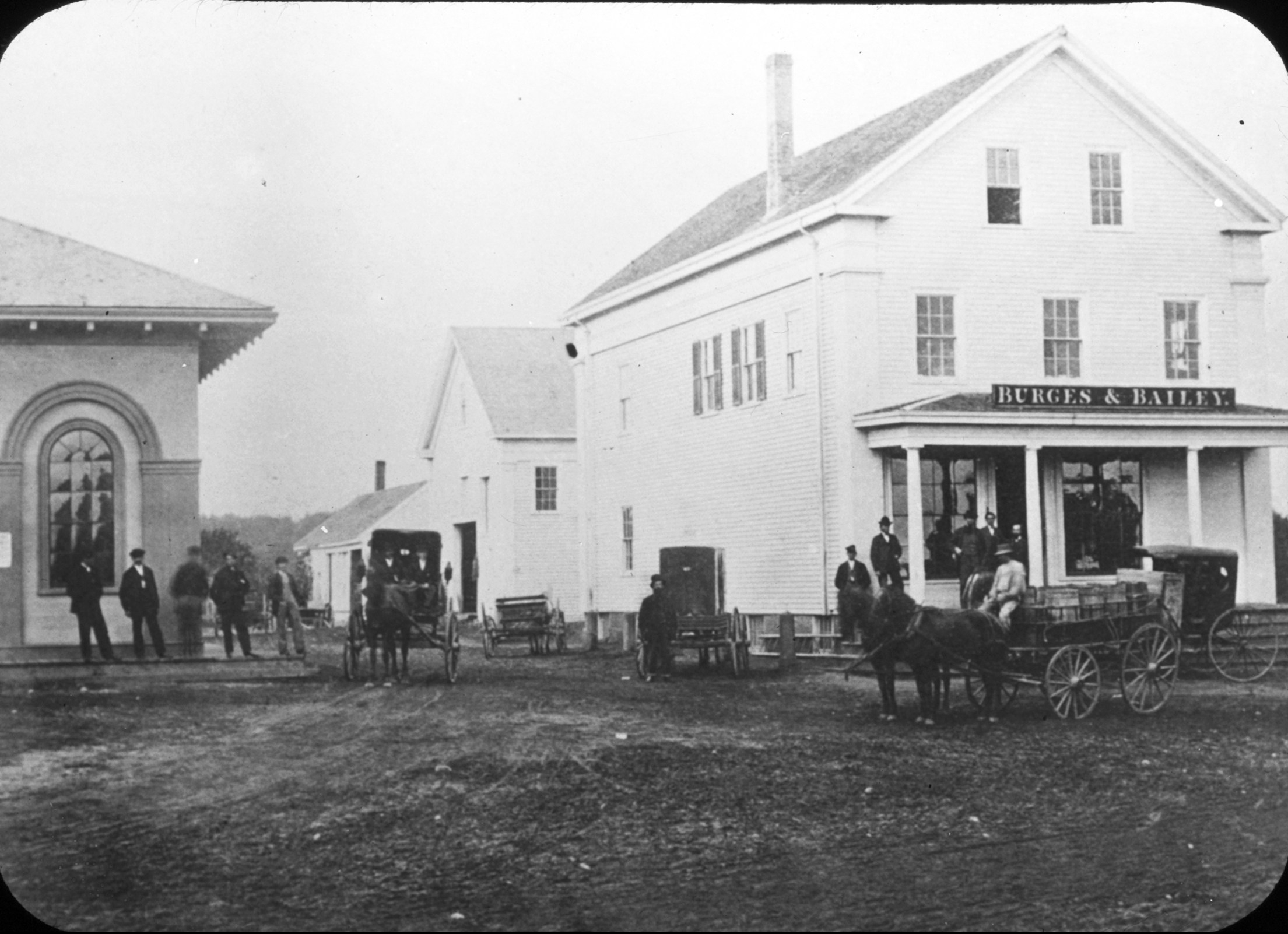 Old Railroad Station and Burges and Bailey Store, 1868