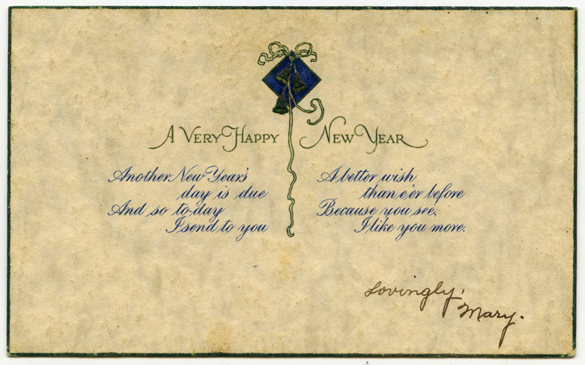 New Year postcard from Mary to Joe Finney